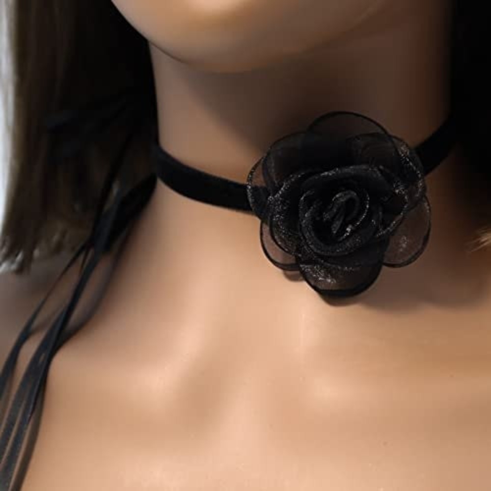 Black Rose Flower Ribbon Choker Necklace‎ Mesh Floral Tie